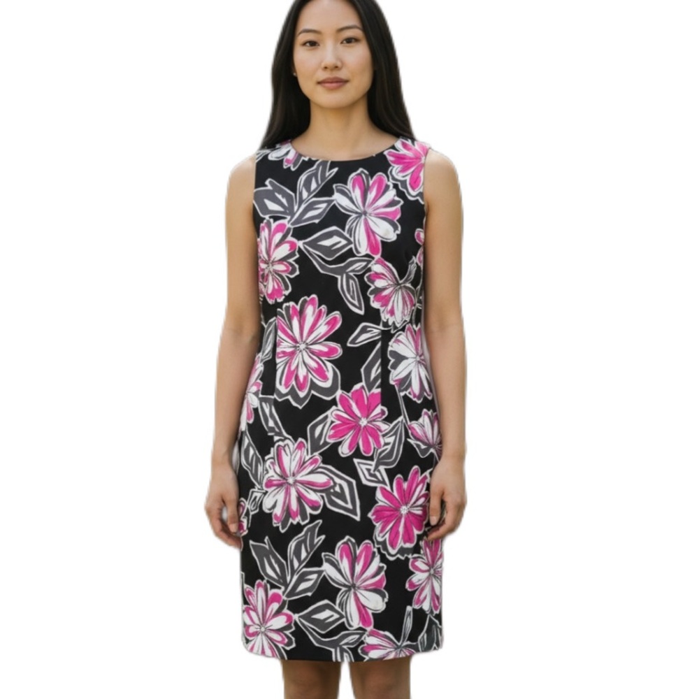 Floral Sleeveless Sheath Dress Black, White and Pink Size 12